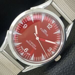Vintage 1985 Fortis Manual Mens Silver Watch W/Steel Strap & Red accents